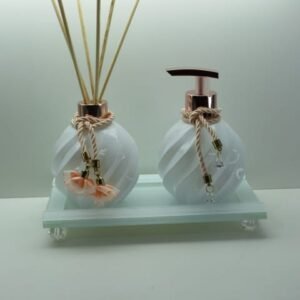 Kit lavabo branco Frascos de vidro aspiral + bandeja branco